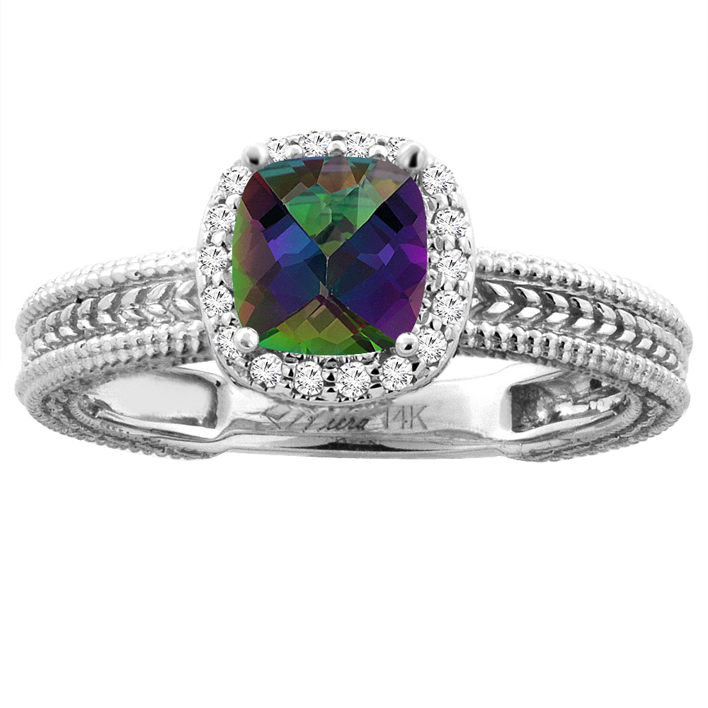 14K White Gold Diamond Natural Mystic Topaz Engagement Ring Cushion 7x7 mm, sizes 5-10