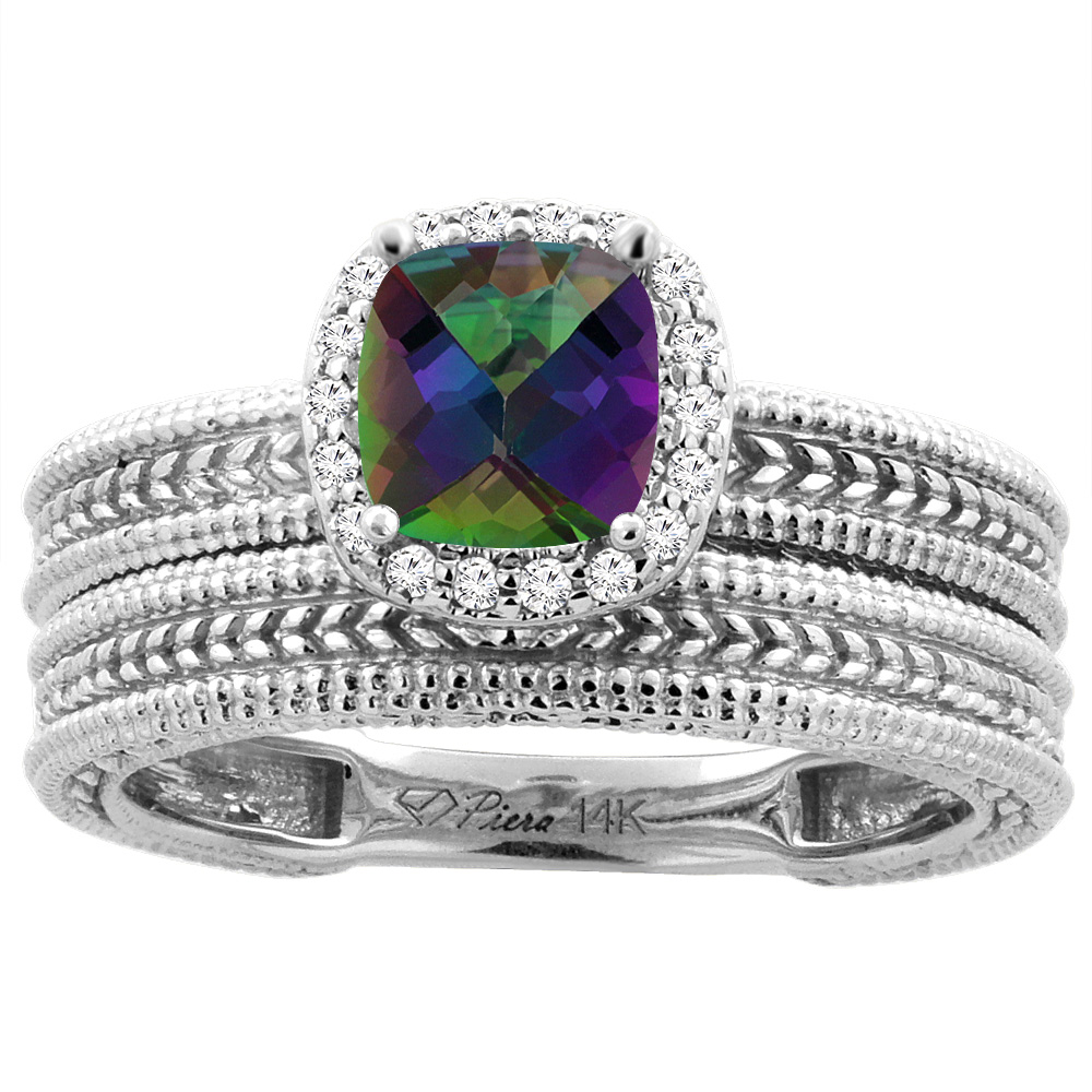 14K White Gold Diamond Natural Mystic Topaz 2-pc Engagement Ring Set Cushion 7x7 mm, sizes 5-10