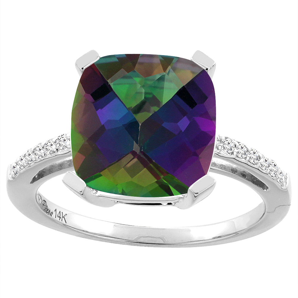 14K Yellow Gold Natural Mystic Topaz &amp; Diamond Ring Cushion-cut 12x10 mm, sizes 5-10