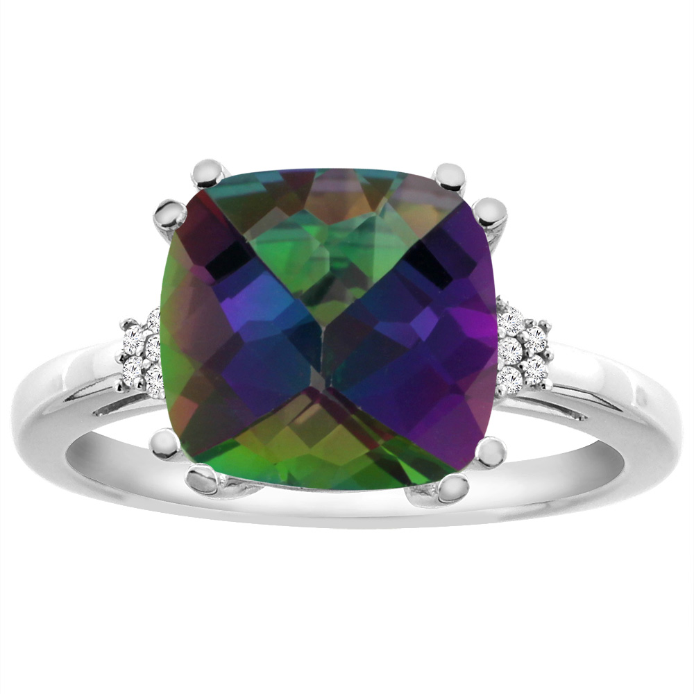 14K White Gold Diamond Natural Mystic Topaz Engagement Ring Cushion-cut 10x10 mm, sizes 5-10