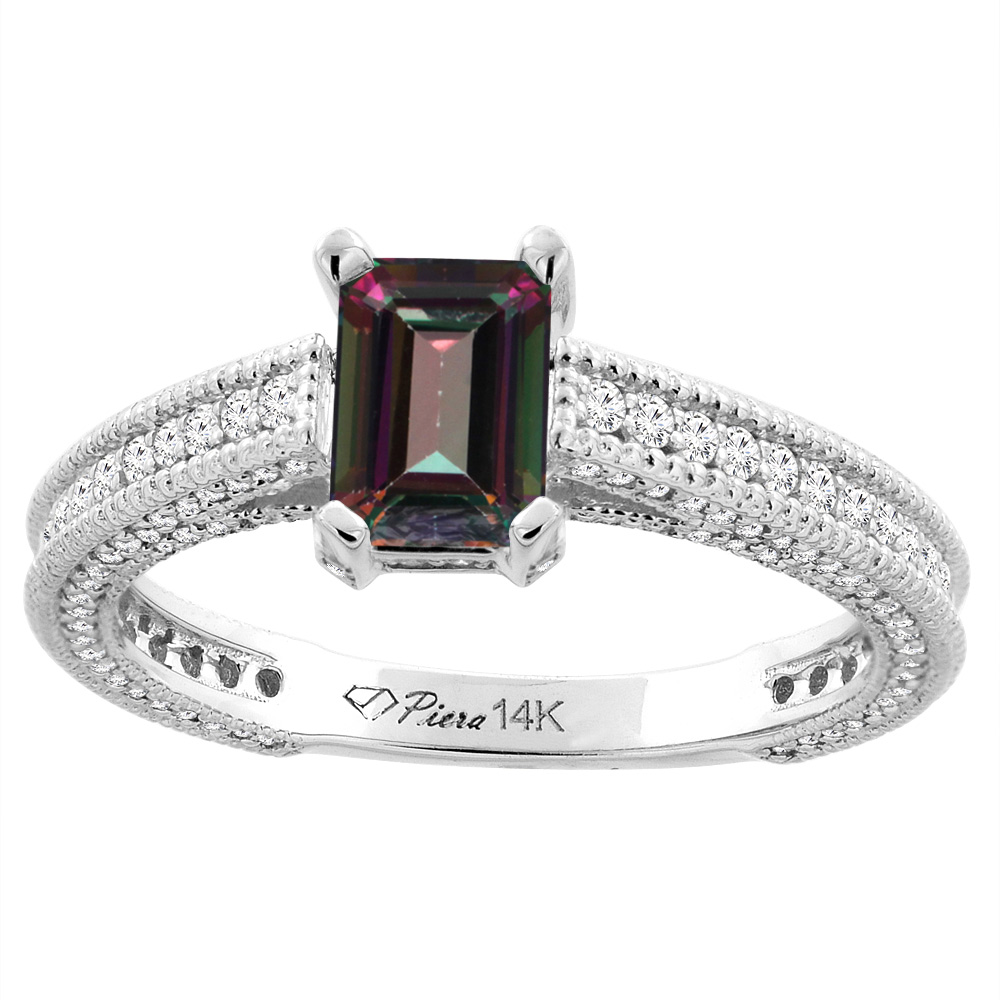 14K White Gold Natural Mystic Topaz & Diamond Ring Octagon 7x5 mm, sizes 5-10