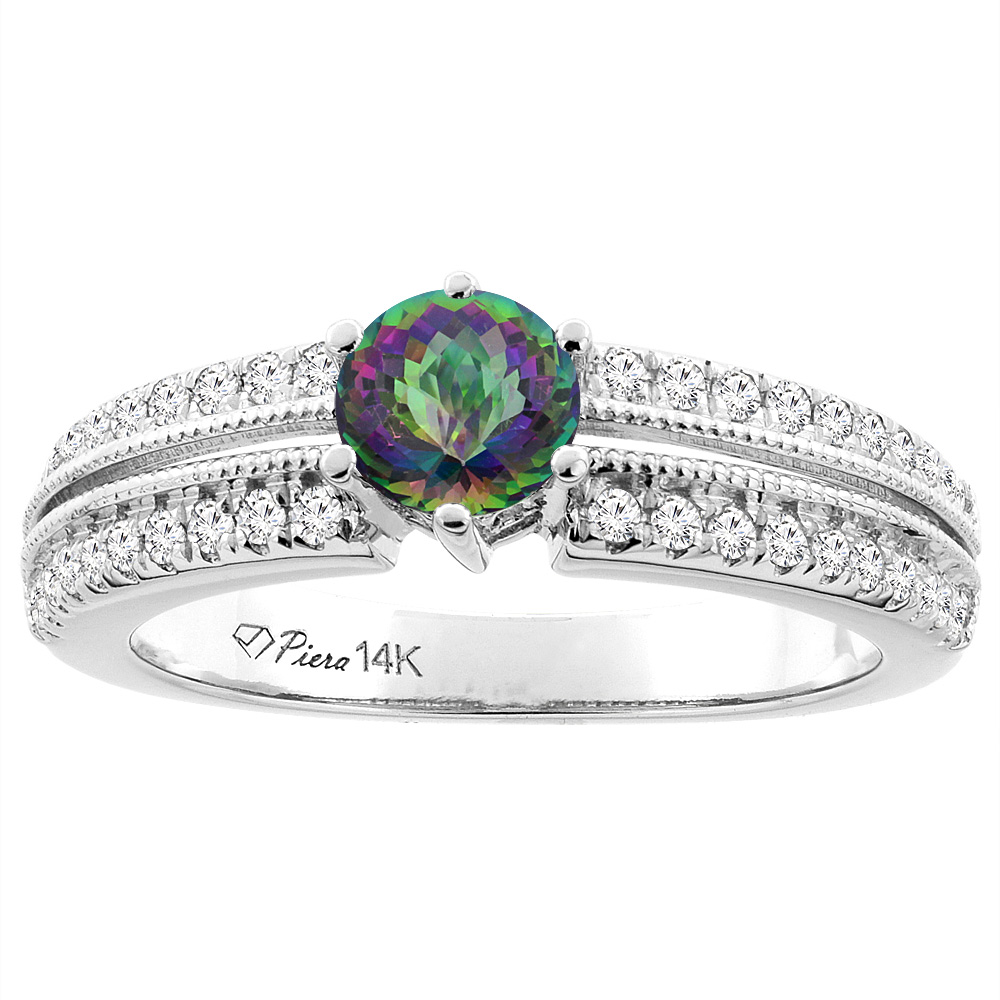 14K White Gold Natural Mystic Topaz &amp; Diamond Ring Round 6 mm, sizes 5-10