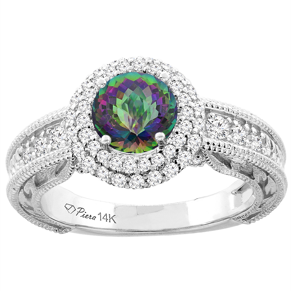 14K Yellow Gold Natural Mystic Topaz & Diamond Halo Ring Round 6 mm, sizes 5-10