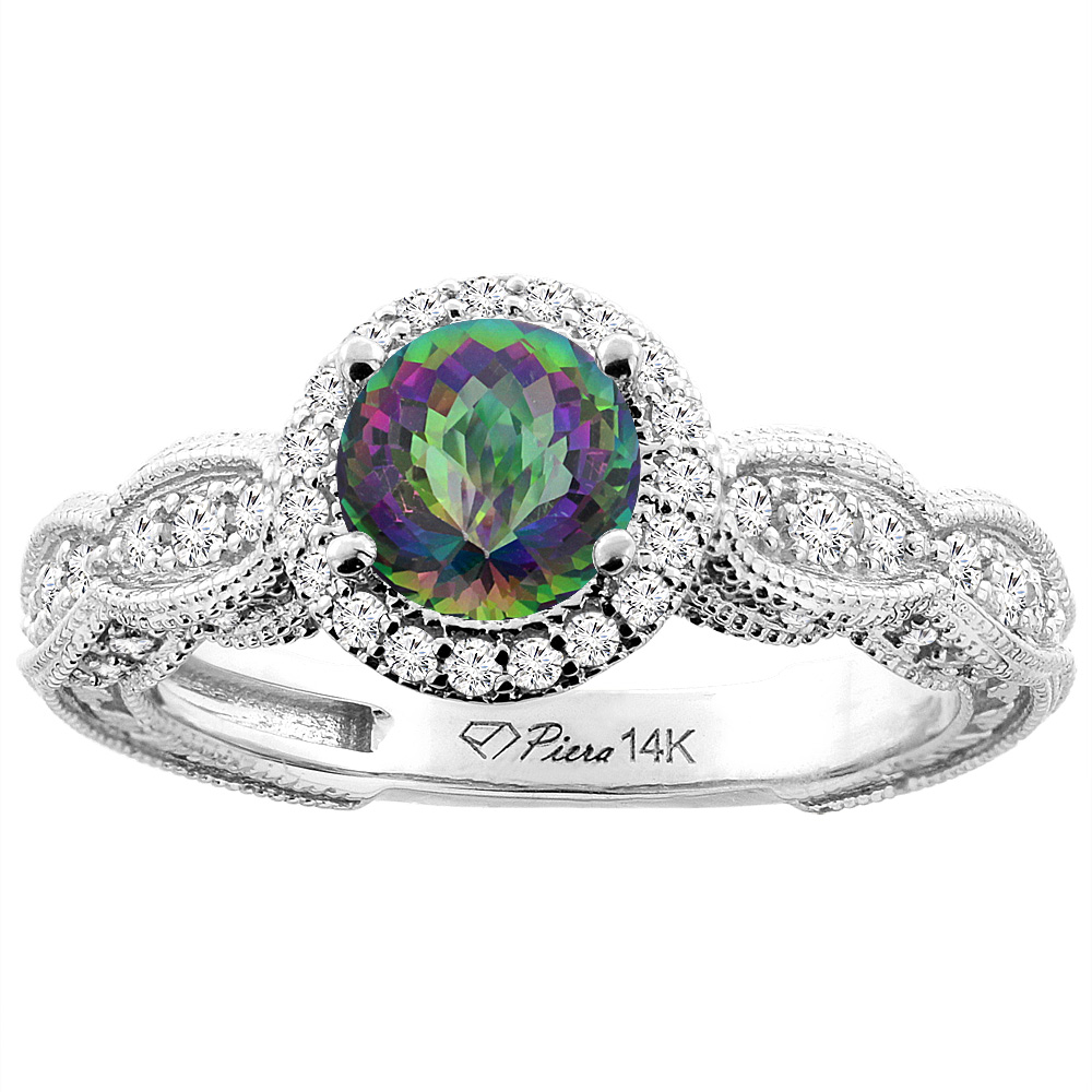 14K White Gold Natural Mystic Topaz & Diamond Halo Ring Round 6 mm, sizes 5-10