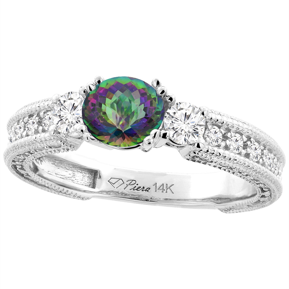 14K White Gold Natural Mystic Topaz &amp; Diamond Ring Round 6 mm, sizes 5-10