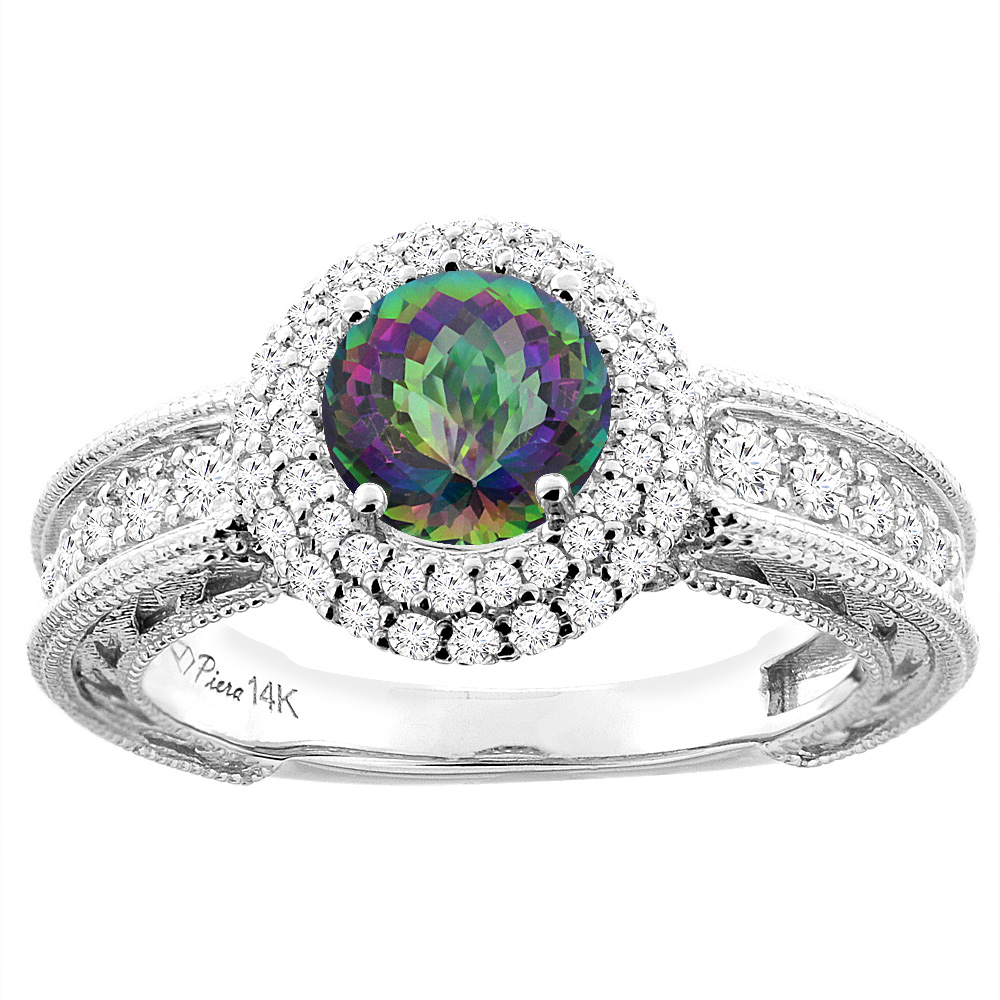 14K White Gold Natural Mystic Topaz & Diamond Halo Ring Round 6 mm, sizes 5-10