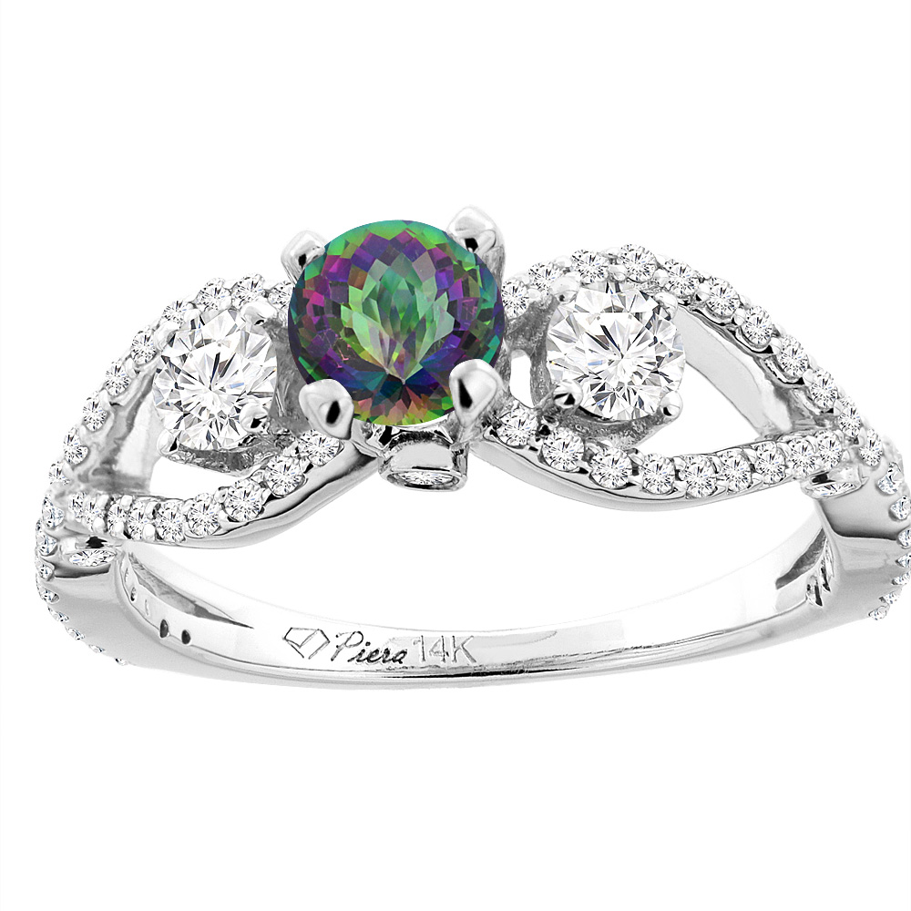 14K White Gold Natural Mystic Topaz & Diamond Ring Round 6 mm, sizes 5-10