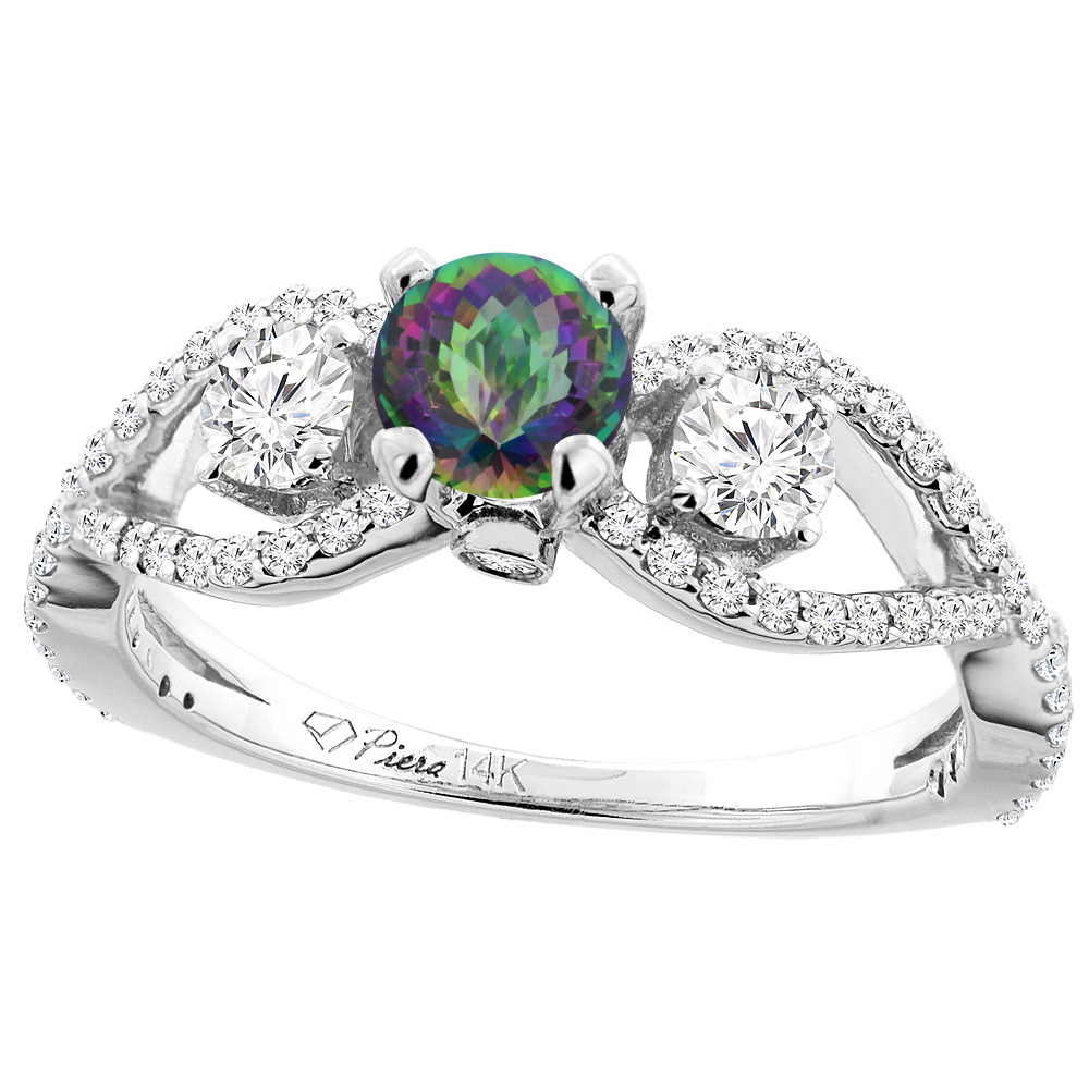 14K White Gold Natural Mystic Topaz & Diamond Ring Round 6 mm, sizes 5-10