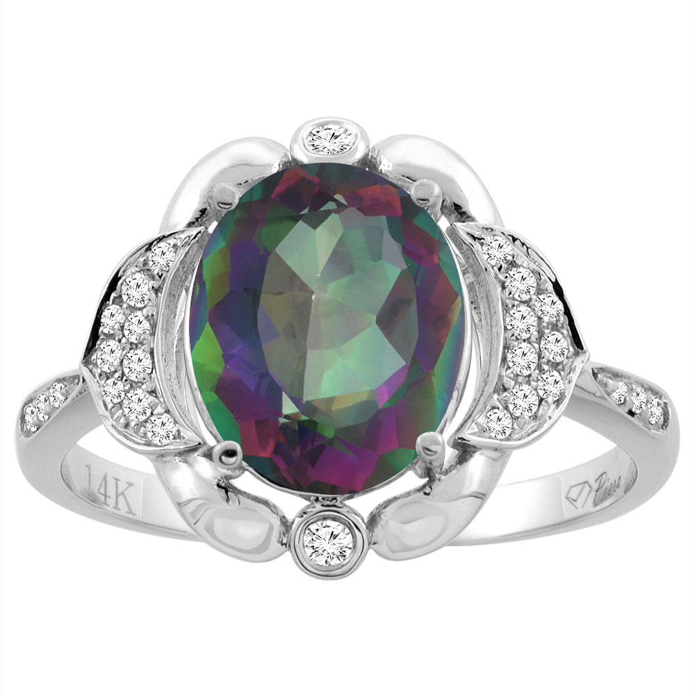 14K White Gold Natural Diamond Mystic Topaz Engagement Ring Oval 10x8mm, sizes 5-10