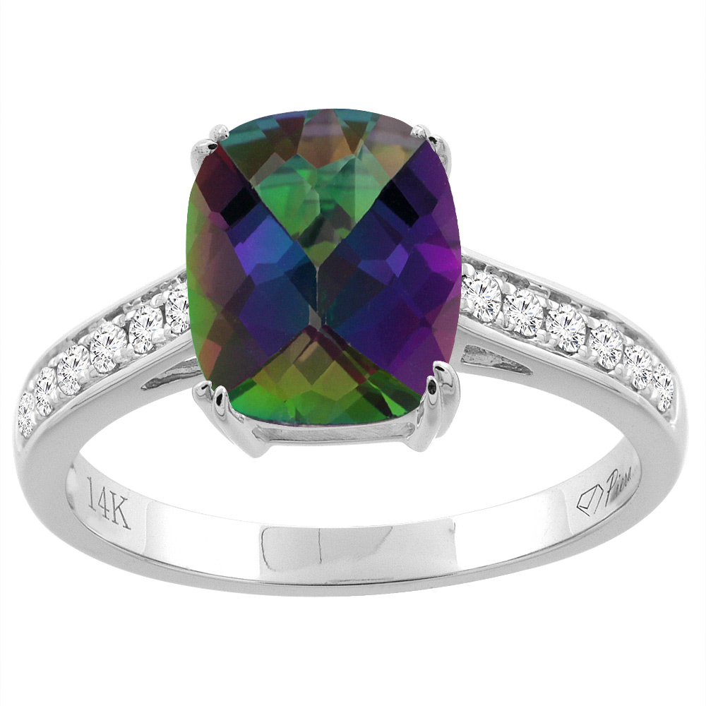 14K Gold Natural Mystic Topaz Ring Cushion Cut 9x7 mm Diamond Accents, sizes 5 - 10