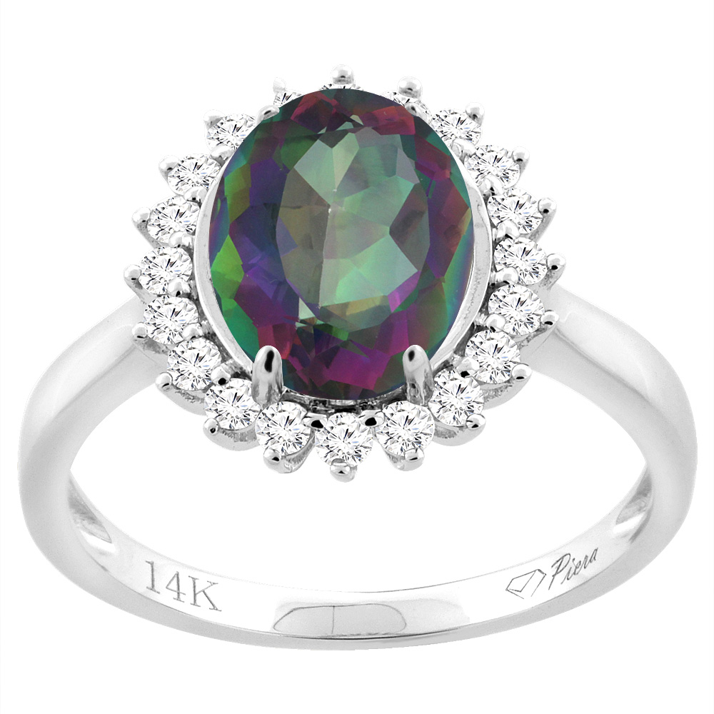 14K White Gold Natural Diamond Mystic Topaz Engagement Ring Oval 10x8mm, sizes 5-10