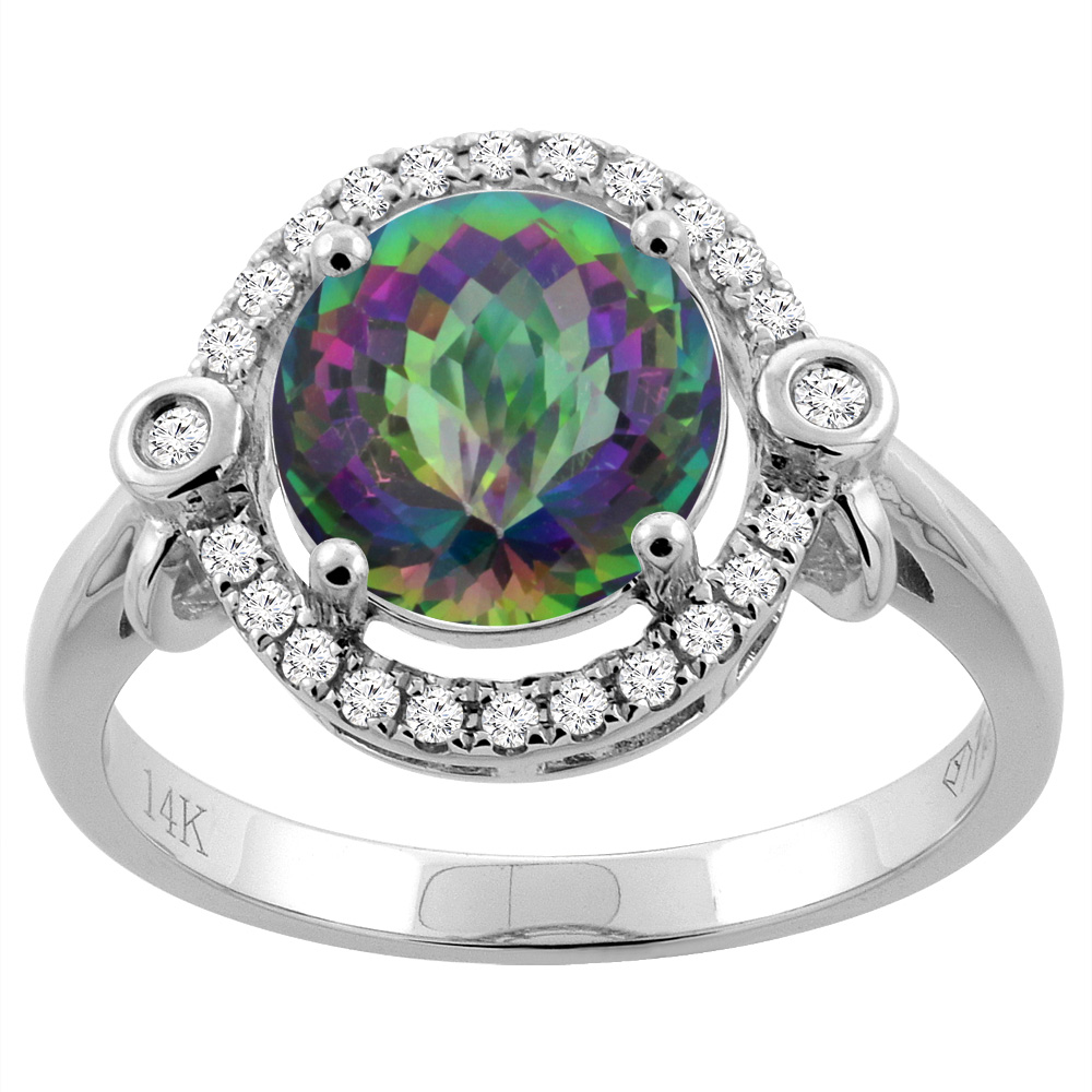 14K White Gold Natural Diamond Mystic Topaz Engagement Ring Oval 10x8mm, sizes 5-10