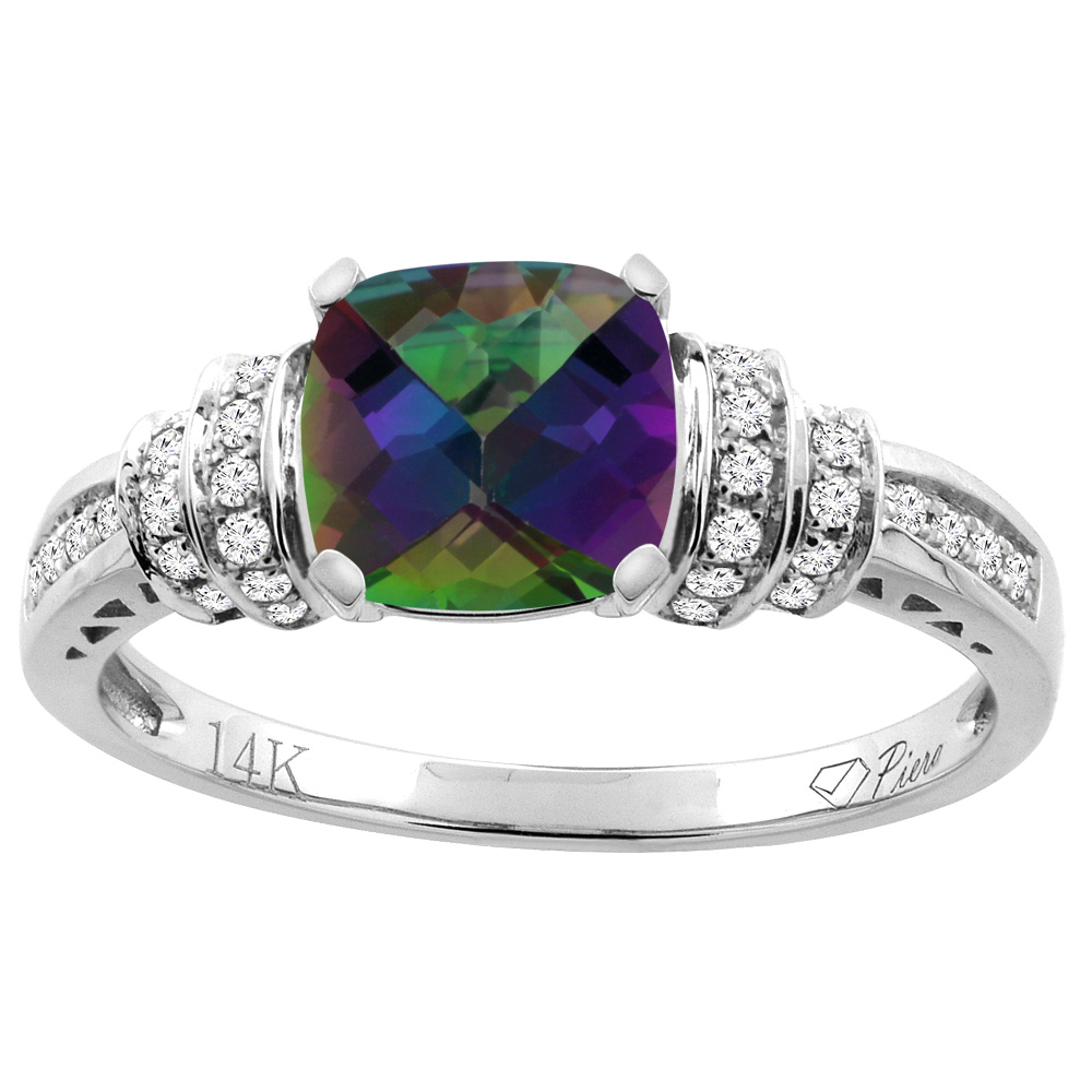 14K Gold Natural Mystic Topaz Ring Cushion Cut 7x7 mm Diamond Accents, sizes 5 - 10