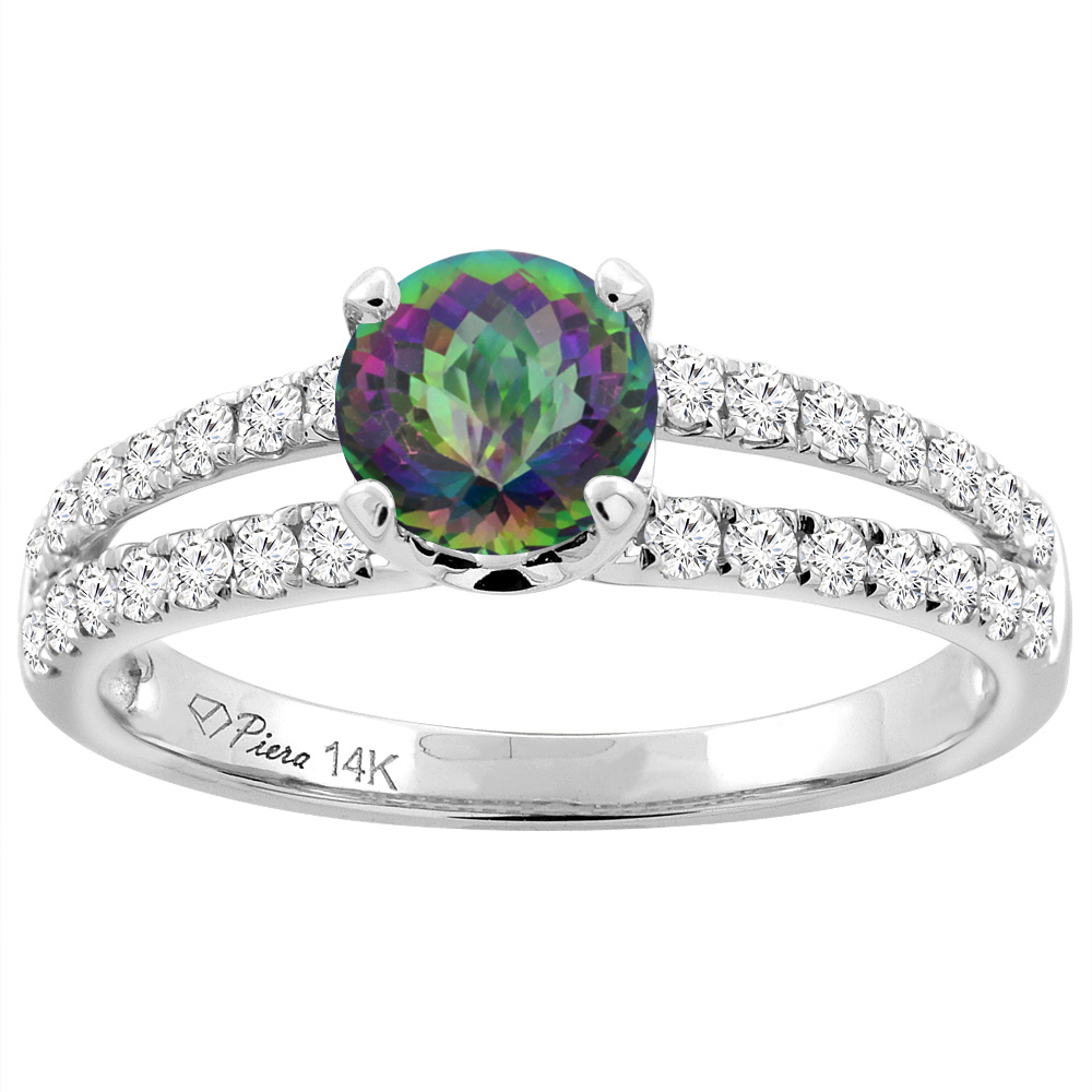 14K White Gold Natural Mystic Topaz Engagement Ring Round 6 mm Split Shank Diamond Accents, sizes 5 - 10