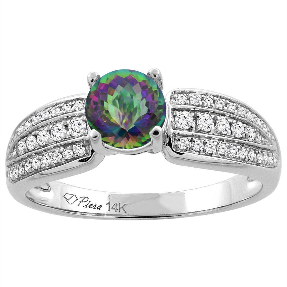 14K White Gold Natural Mystic Topaz Engagement Ring Round 6 mm 3-row Diamond Accents, sizes 5 - 10
