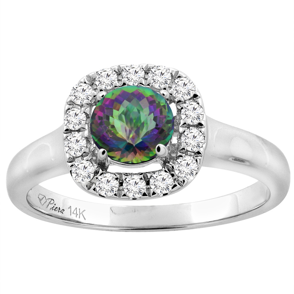 14K White Gold Natural Mystic Topaz Halo Engagement Ring Round 6 mm Diamond Accents, sizes 5 - 10