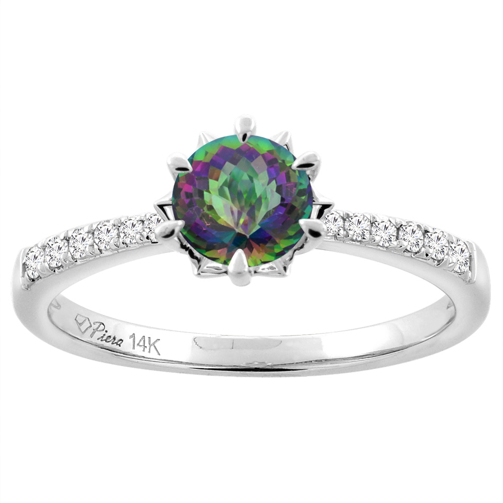 14K White Gold Natural Mystic Topaz Engagement Ring Round 6 mm &amp; Diamond Accents, sizes 5 - 10