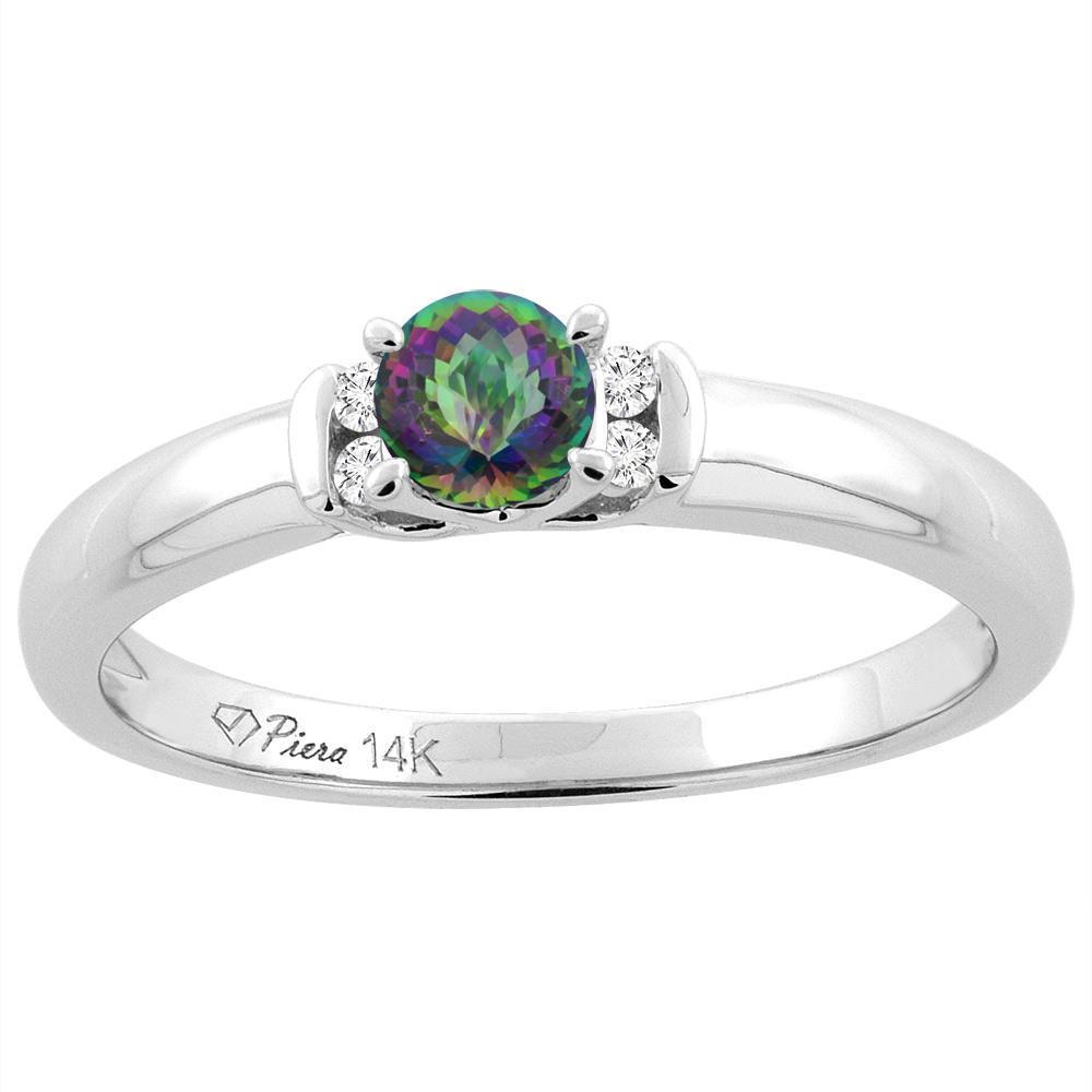 14K White Gold Natural Mystic Topaz Engagement Ring Round 4 mm &amp; Diamond Accents, sizes 5 - 10