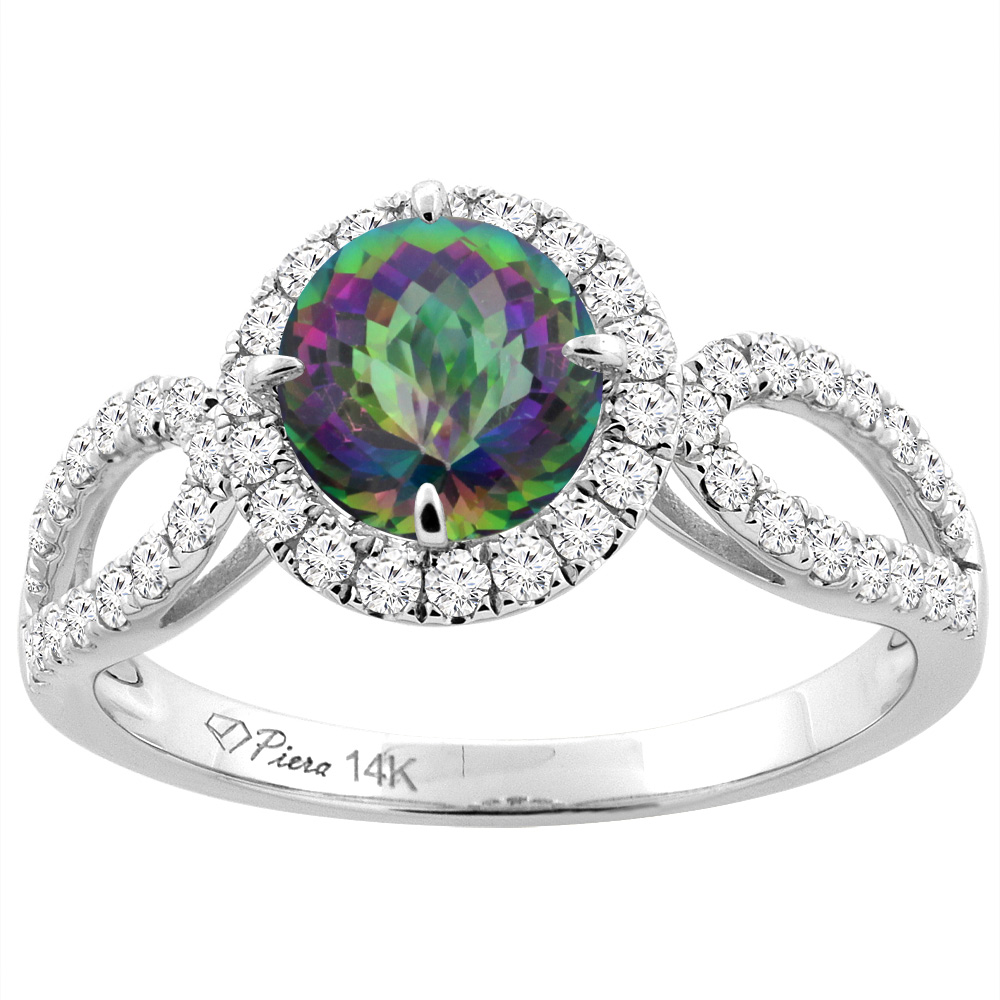 14K White Gold Natural Mystic Topaz Engagement Halo Ring Round 6 mm & Diamond Accents, sizes 5 - 10