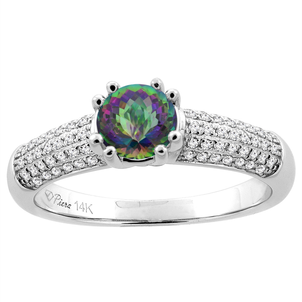 14K White Gold Natural Mystic Topaz Engagement Ring Round 6 mm &amp; Diamond Accents, sizes 5 - 10