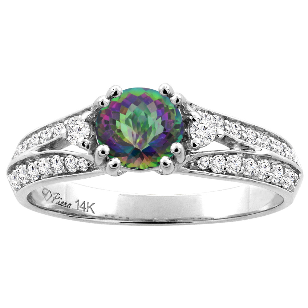 14K White Gold Natural Mystic Topaz Engagement Ring Round 6 mm &amp; Diamond Accents, sizes 5 - 10