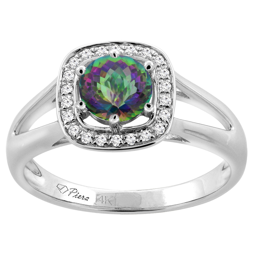 14K White Gold Natural Mystic Topaz Engagement Halo Ring Round 6 mm & Diamond Accents, sizes 5 - 10