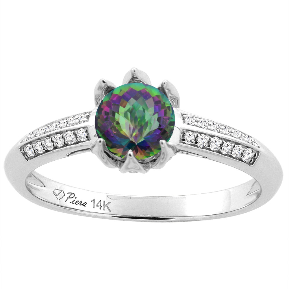 14K White Gold Natural Mystic Topaz Engagement Ring Round 6 mm & Diamond Accents, sizes 5 - 10