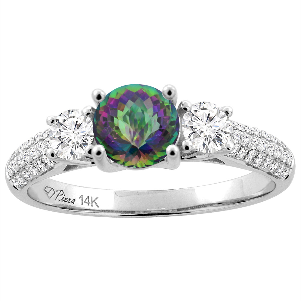 14K White Gold Natural Mystic Topaz Engagement Ring Round 6 mm & Diamond Accents, sizes 5 - 10