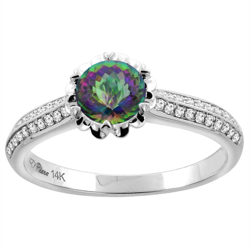 14K White Gold Natural Mystic Topaz Engagement Ring Round 6 mm &amp; Diamond Accents, sizes 5 - 10