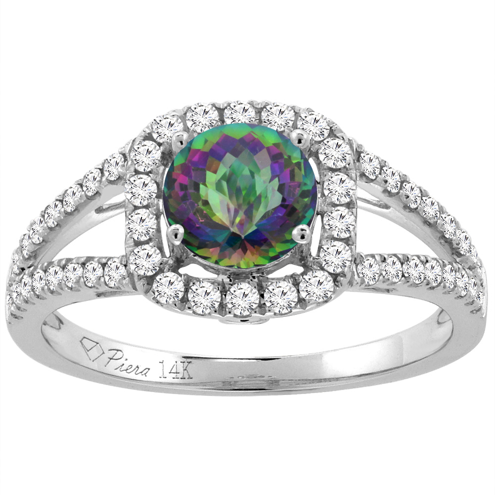 14K White Gold Diamond Natural Mystic Topaz Engagement Halo Ring Round 7 mm, sizes 5-10