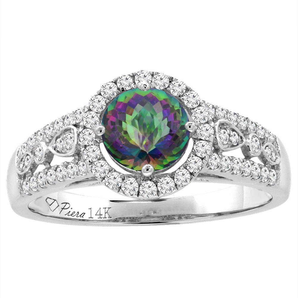 14K Yellow Gold Diamond Natural Mystic Topaz Engagement Halo Ring Round 7 mm, sizes 5-10