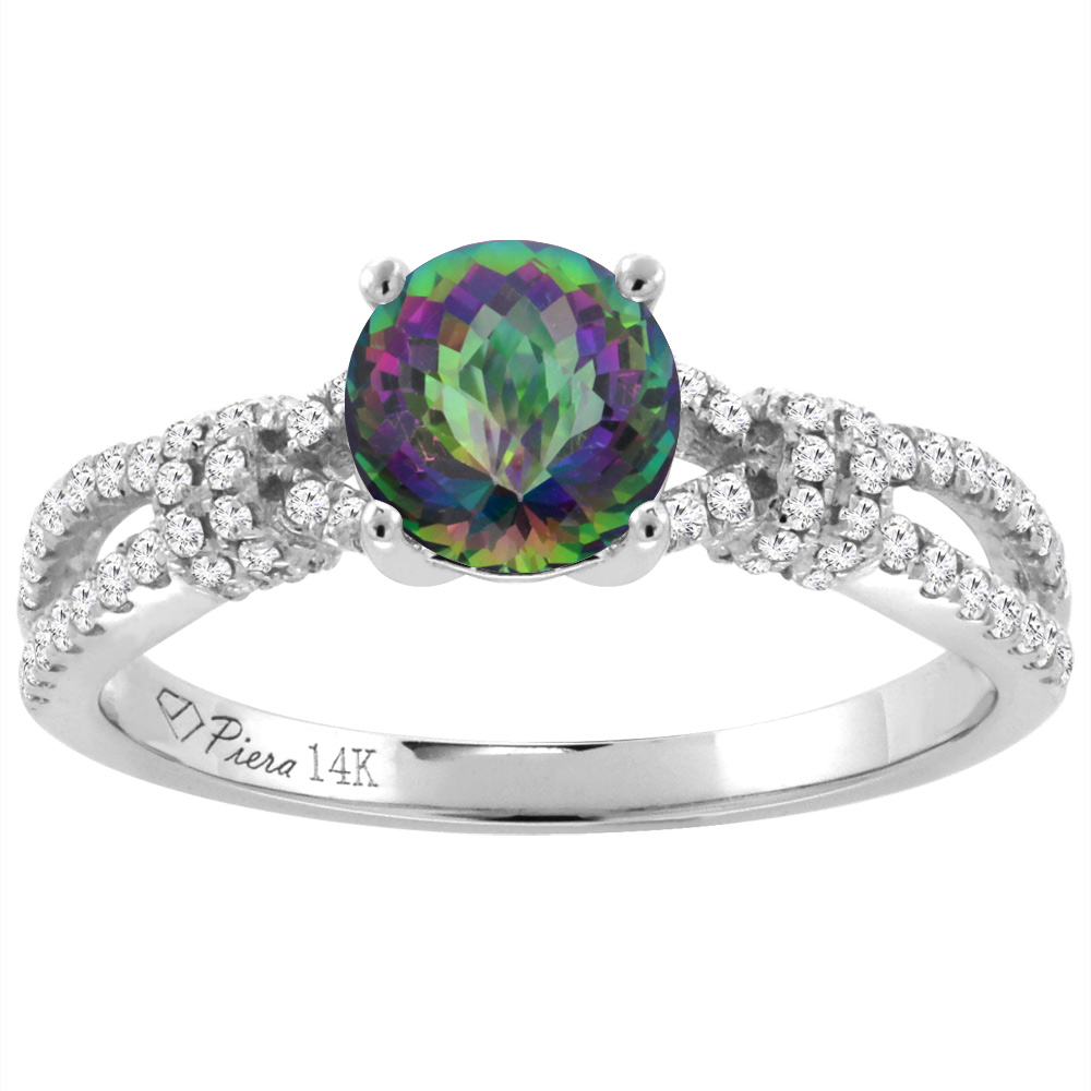 14K White Gold Diamond Natural Mystic Topaz Engagement Ring Round 7 mm, sizes 5-10