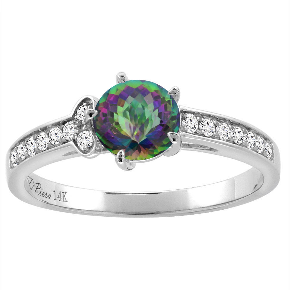 14K White Gold Diamond Natural Mystic Topaz Engagement Ring Round 7 mm, sizes 5-10