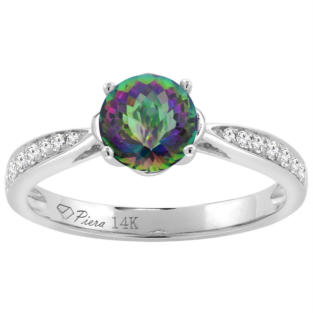 14K Yellow Gold Diamond Natural Mystic Topaz Engagement Ring Round 7 mm, sizes 5-10