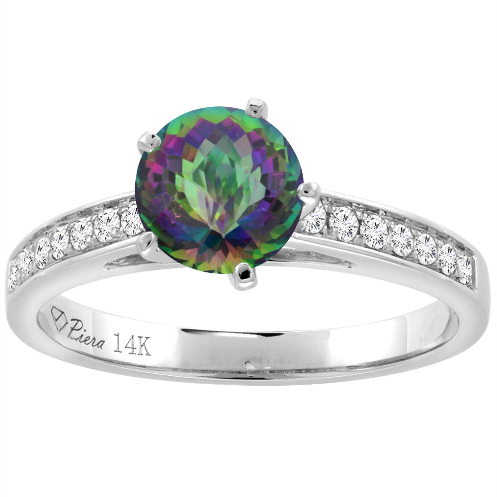 14K White Gold Diamond Natural Mystic Topaz Engagement Ring Round 7 mm, sizes 5-10