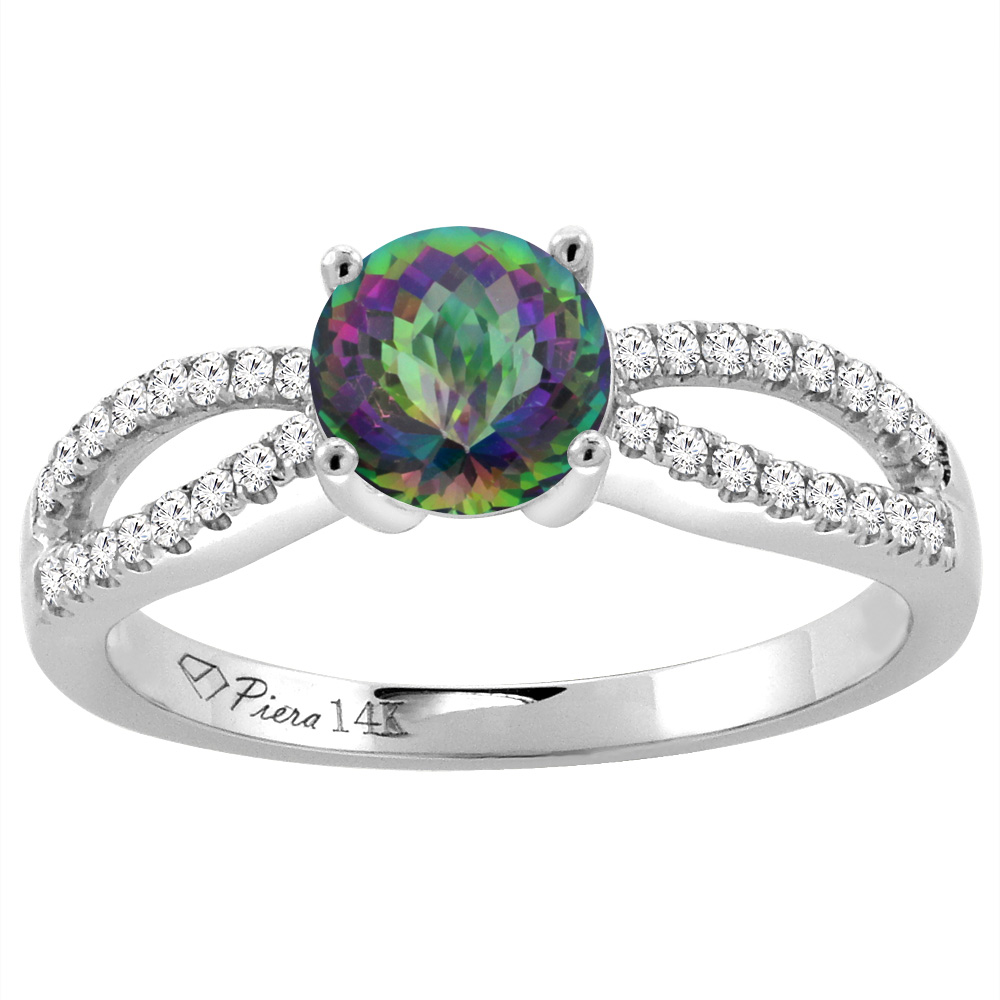 14K White Gold Diamond Natural Mystic Topaz Engagement Ring Round 7 mm, sizes 5-10