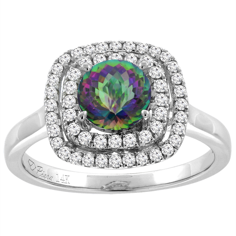 14K White Gold Natural Mystic Topaz Double Halo Diamond Engagement Ring Round 7 mm, sizes 5-10