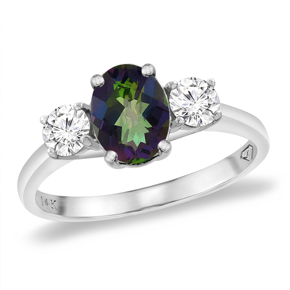 14K White Gold Natural Mystic Topaz & 2pc. Diamond Engagement Ring Oval 8x6 mm, sizes 5 -10