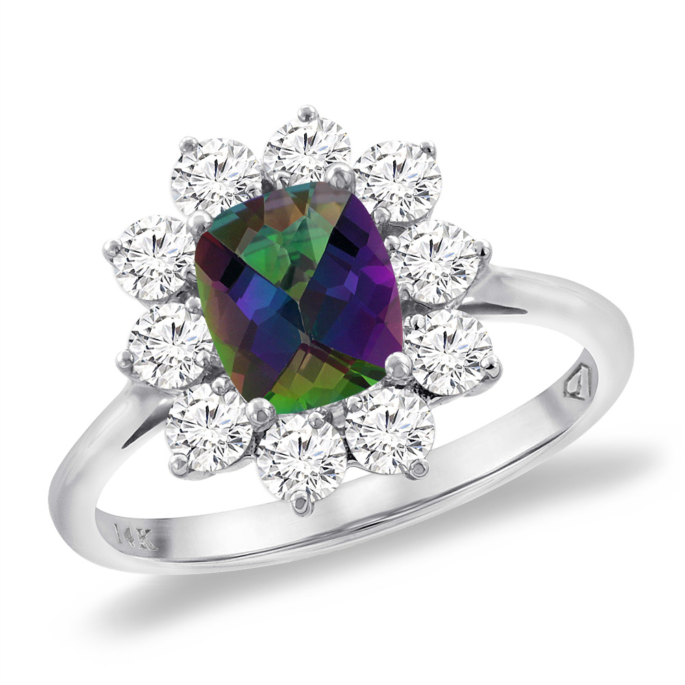 14K White Gold Diamond Natural Mystic Topaz Engagement Ring 8x6 mm Cushion, sizes 5 -10