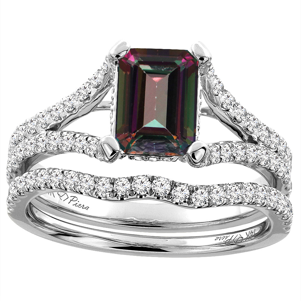 14K White Gold Natural Mystic Topaz Engagement Ring Set Emerald 8x6 mm, sizes 5-10