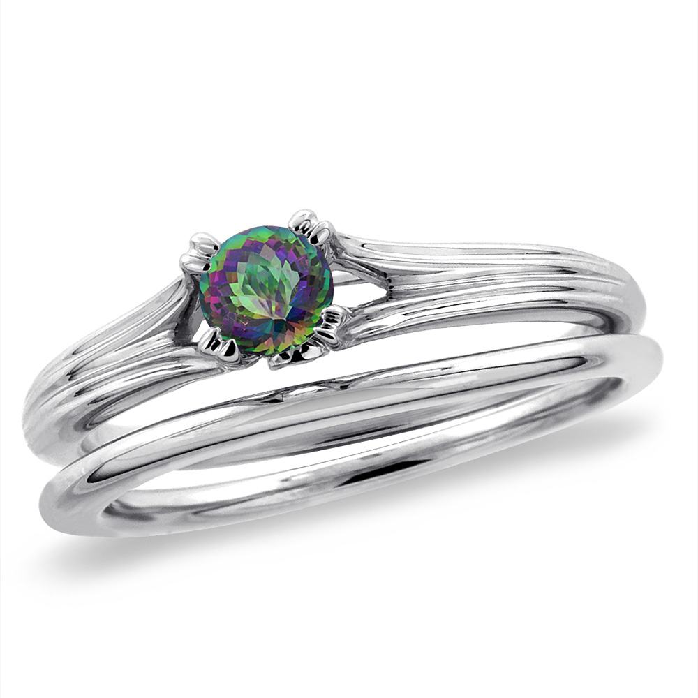 14K White Gold Diamond Natural Mystic Topaz 2pc Solitaire Engagement Ring Set Round 6 mm, sz 5-10