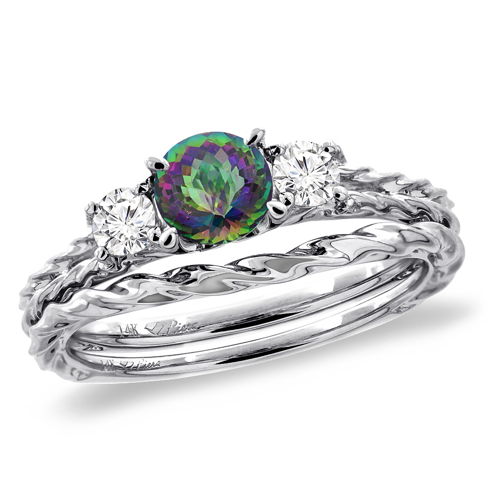 14K White Gold Diamond Natural Mystic Topaz 2pc Engagement Ring Set Round 6mm Twisted, sizes 5-10