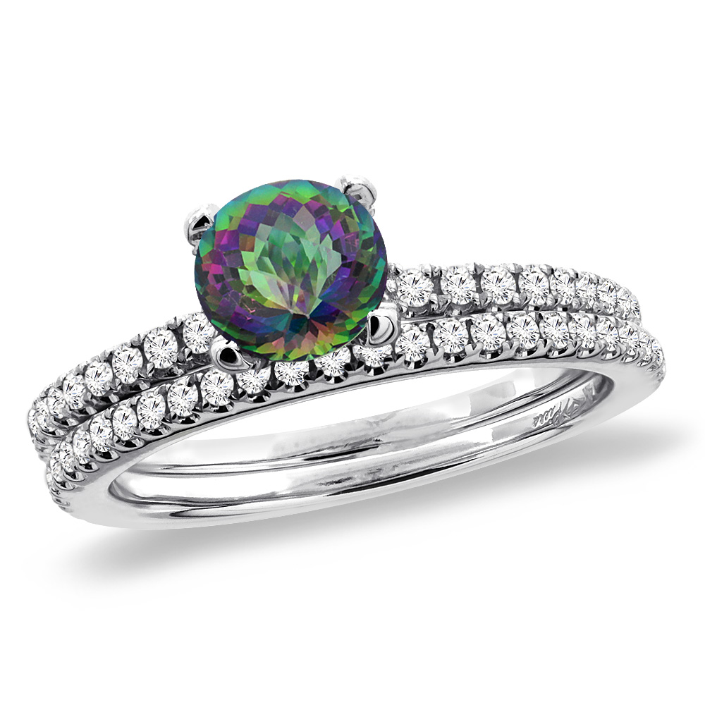 14K White Gold Diamond Natural Mystic Topaz 2pc Engagement Ring Set Round 5 mm, sizes 5-10