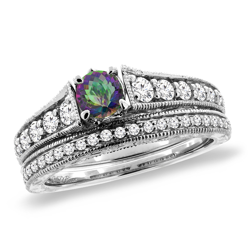 14K White Gold Diamond Natural Mystic Topaz 2pc Engagement Ring Set Round 5 mm, sizes 5-10