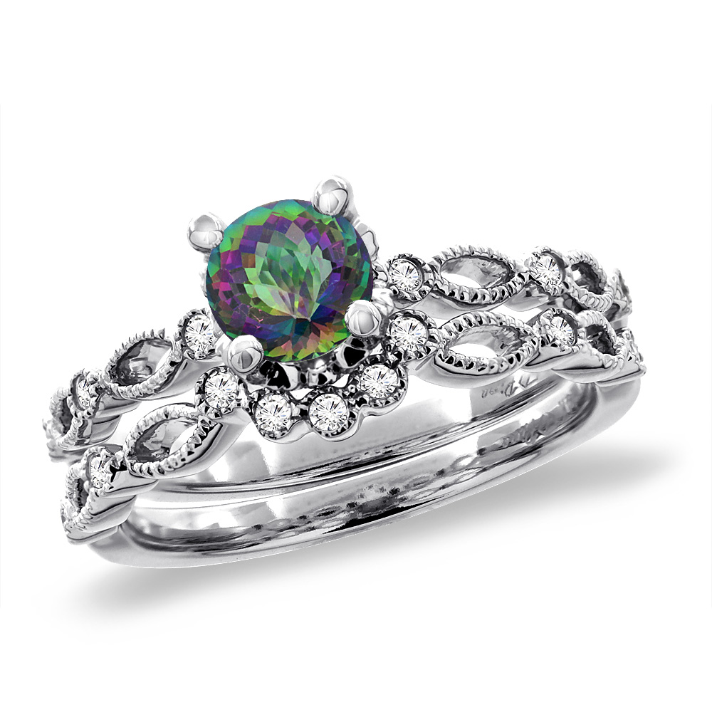 14K White Gold Diamond Natural Mystic Topaz 2pc Engagement Ring Set Round 5 mm, sizes 5 - 10