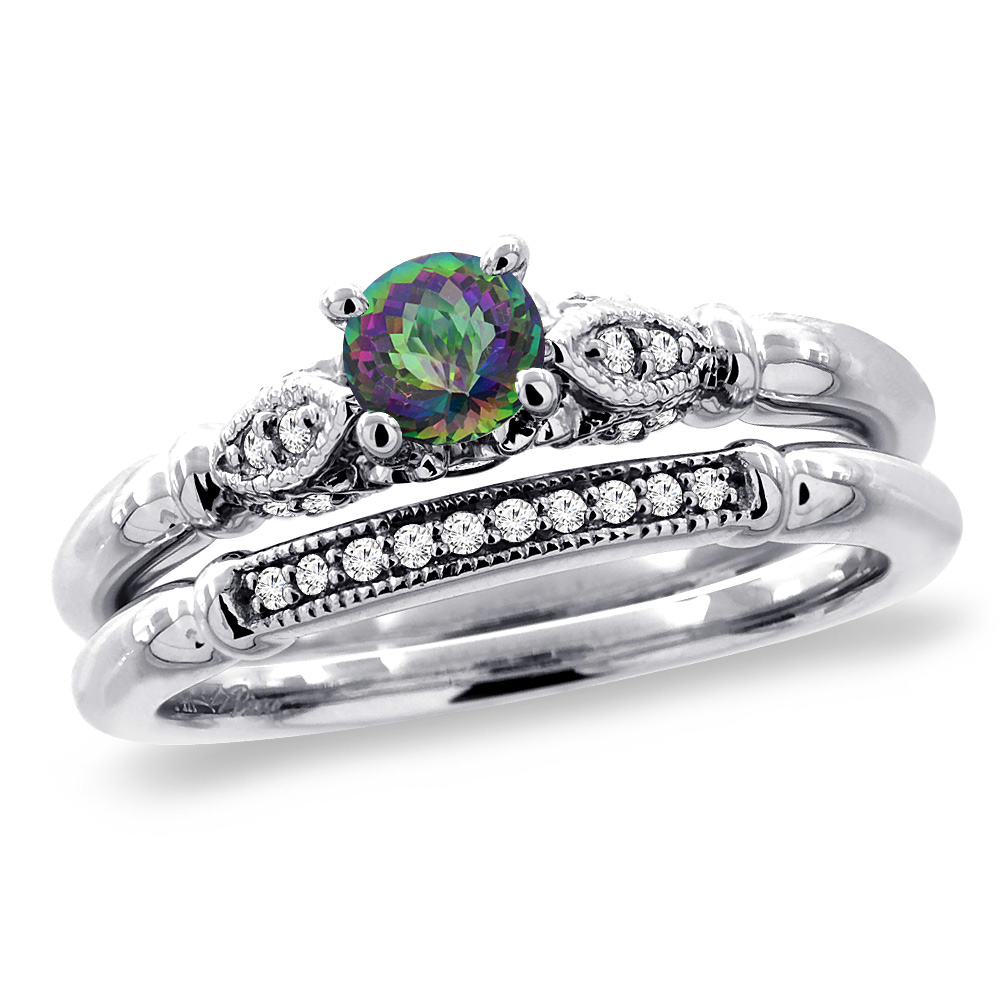 14K White Gold Diamond Natural Mystic Topaz 2pc Engagement Ring Set Round 4 mm, sizes 5 - 10