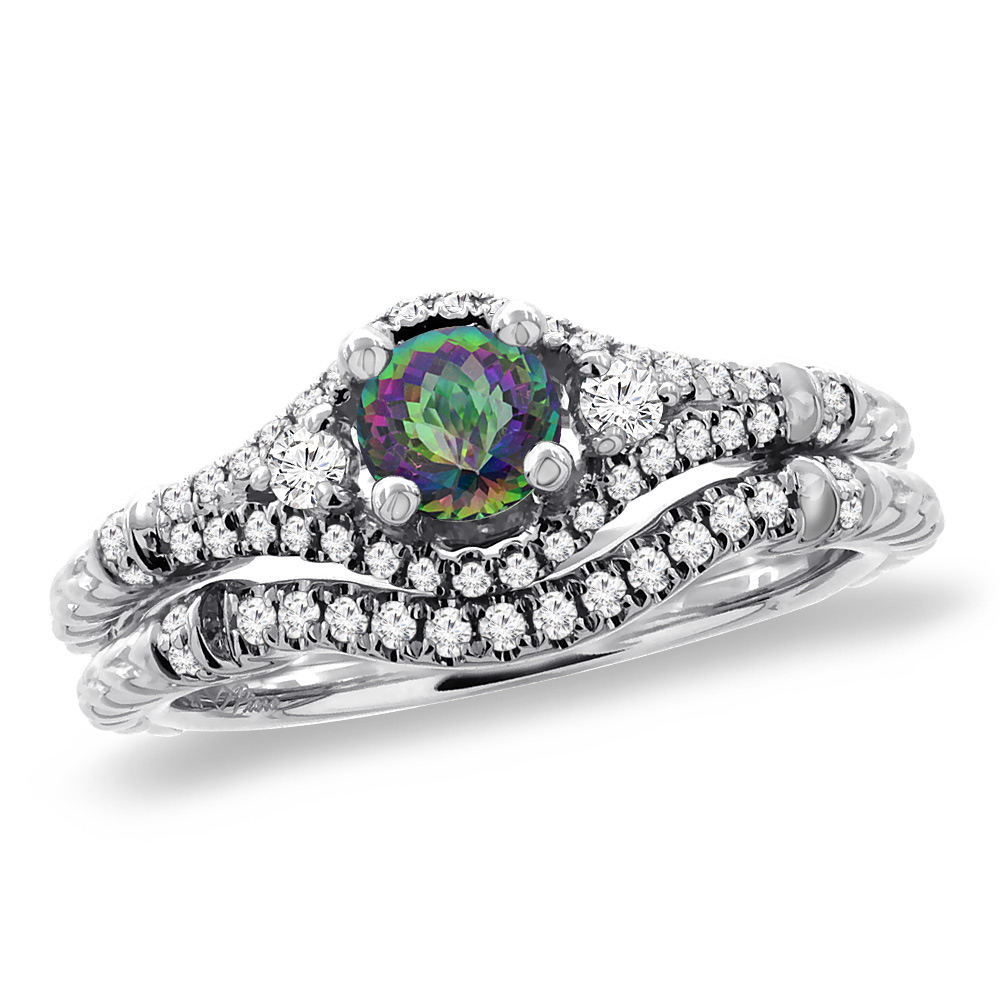 14K White Gold Diamond Natural Mystic Topaz 2pc Engagement Ring Set Round 4 mm, sizes 5 - 10