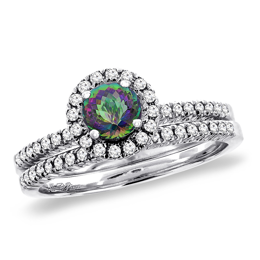 14K White Gold Diamond Natural Mystic Topaz 2pc Halo Engagement Ring Set Round 4 mm, size5-10