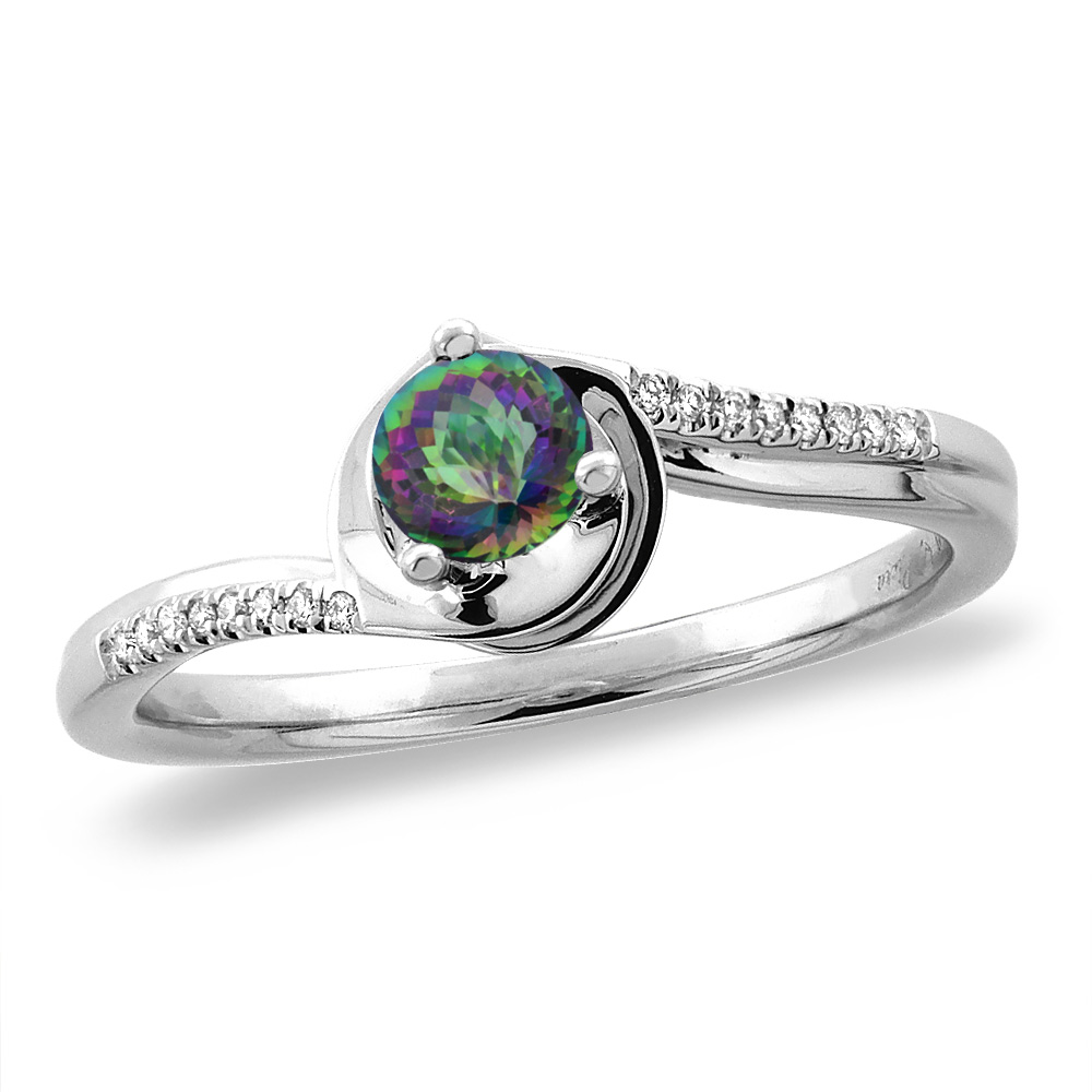 14K White/Yellow Gold Diamond Natural Mystic Topaz Bypass Engagement Ring Round 4 mm, sizes 5 -10