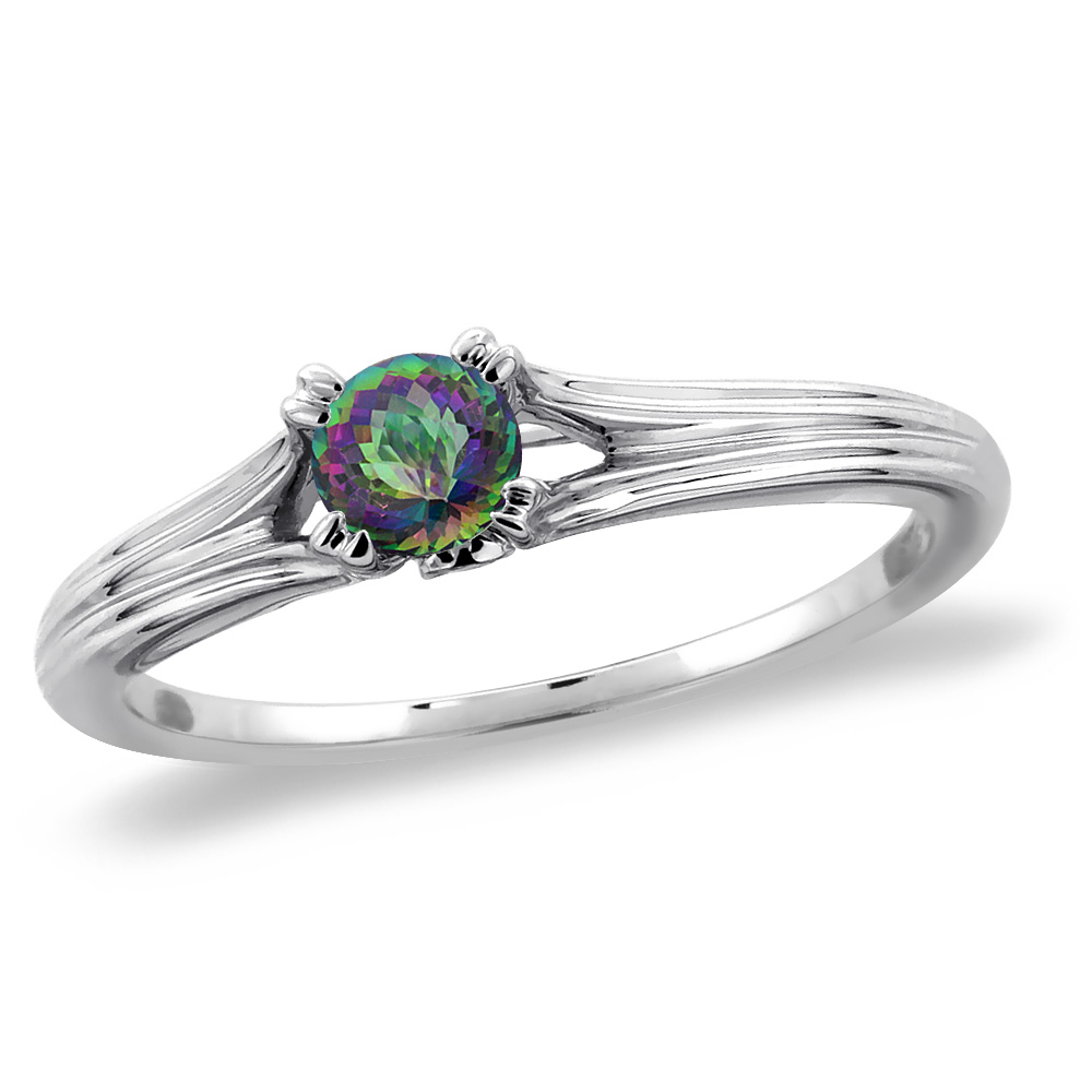 14K White Gold Diamond Natural Mystic Topaz Solitaire Engagement Ring Round 5 mm, sizes 5 -10